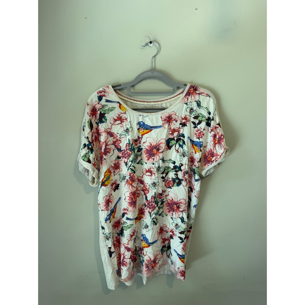 Matilda Jane Womens Floral Bird Print Lace Trim Mixed Media Top Oatmeal Medium